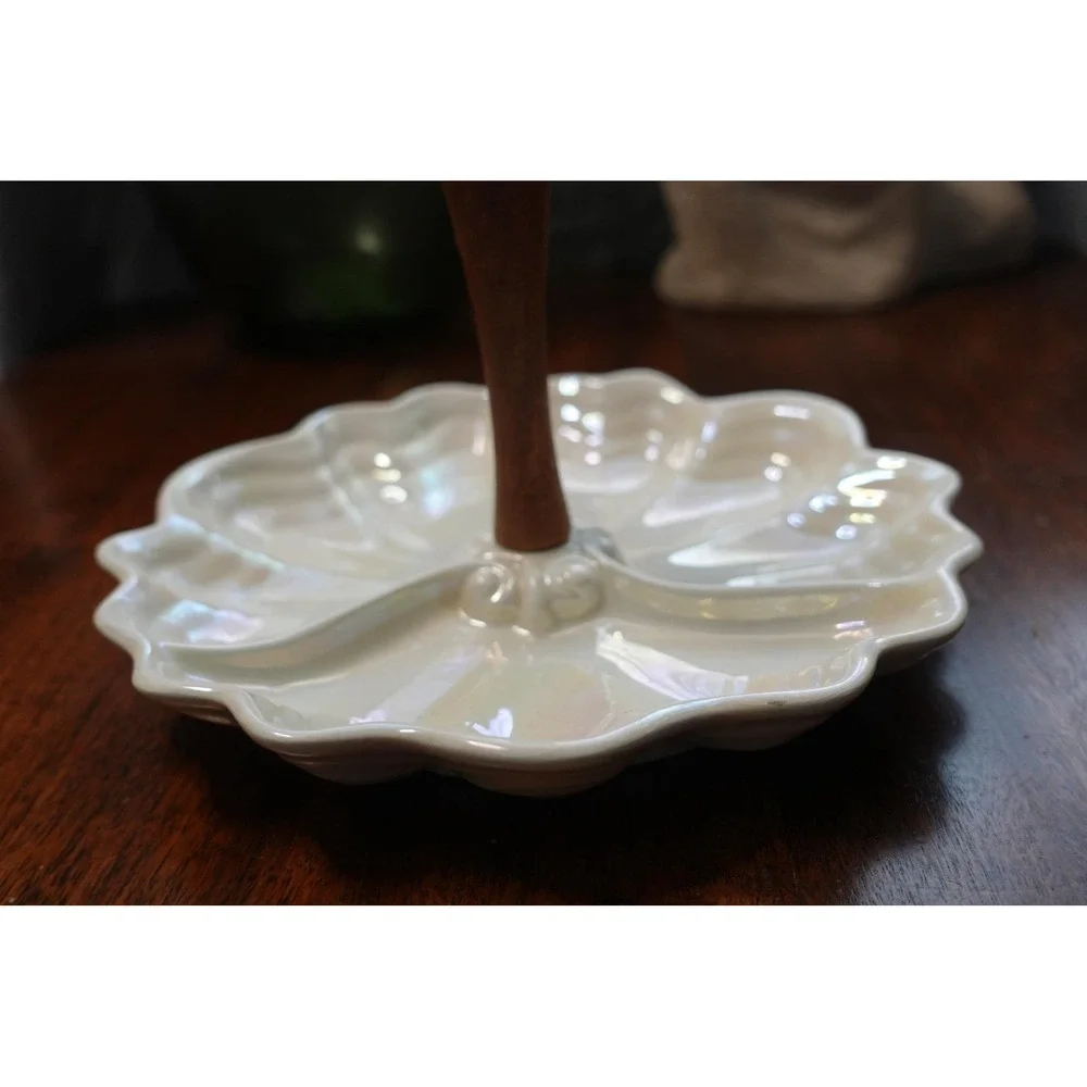 Vintage‎ Maddux Ceramic Tidbit Tray: Iridescent Clam Shell with Wood Centerpiece
